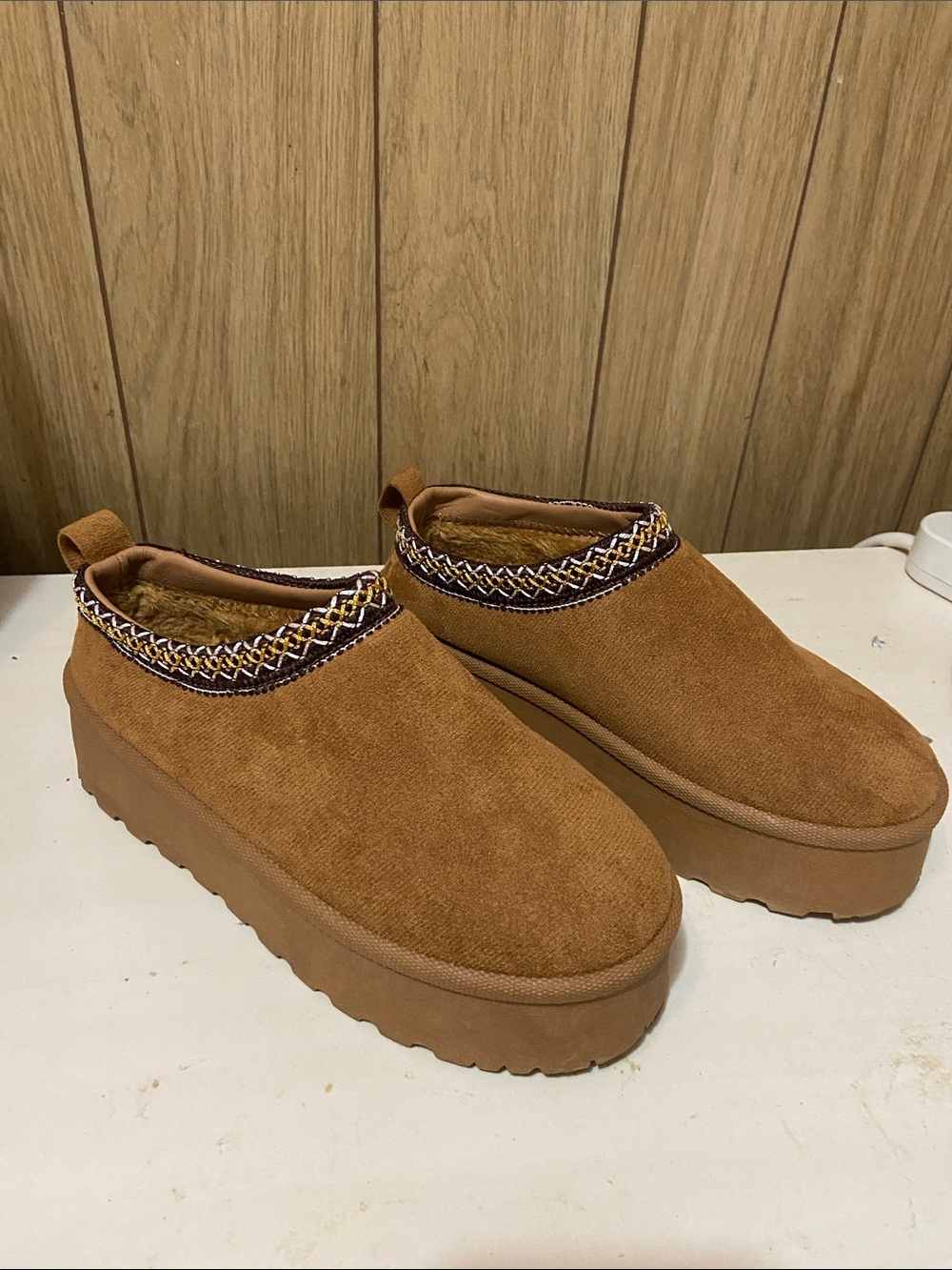 Platform Slip-On Mules in Tan with Braided Trim
